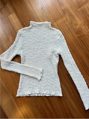 Zara Cream Textured Long Sleeve SMOCKED mock neck Top